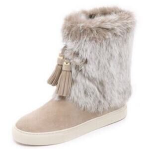 Tory Burch Angelica Fur Boots •Women 8 M• Leather Beige Tassels Pull On
